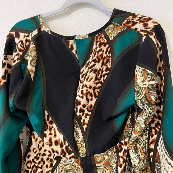 SHEIN SXY Leopard & Paisley Print Colorblock Lantern Sleeve Belted Romper - Picture 11 of 14